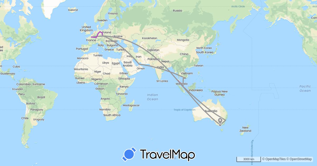 TravelMap itinerary: driving, plane, train in United Arab Emirates, Australia, Czech Republic, Germany, France, Singapore, Thailand, Vietnam (Asia, Europe, Oceania)